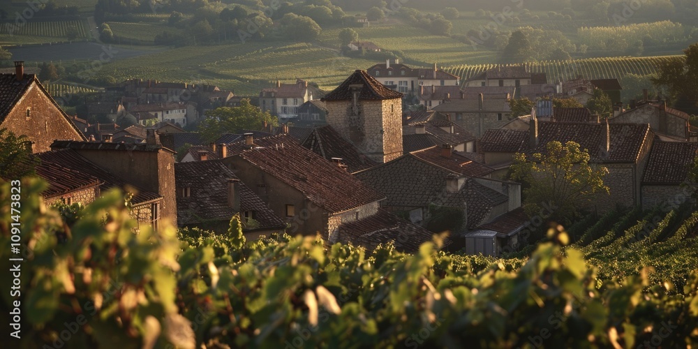 Poster A view of a peaceful village with a church visible in the distance, suitable for use as a background or illustration