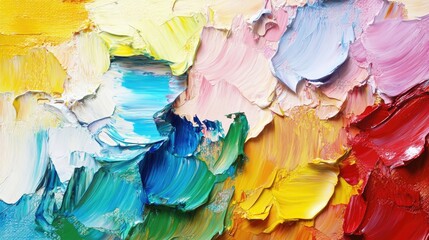 Vibrant abstract oil painting featuring a dynamic mix of colors in an impressionistic style with textured brush strokes and vivid hues.