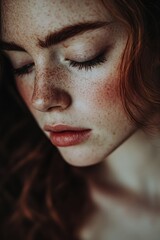 Fototapeta premium Close-up photo of a woman's face featuring distinctive freckles