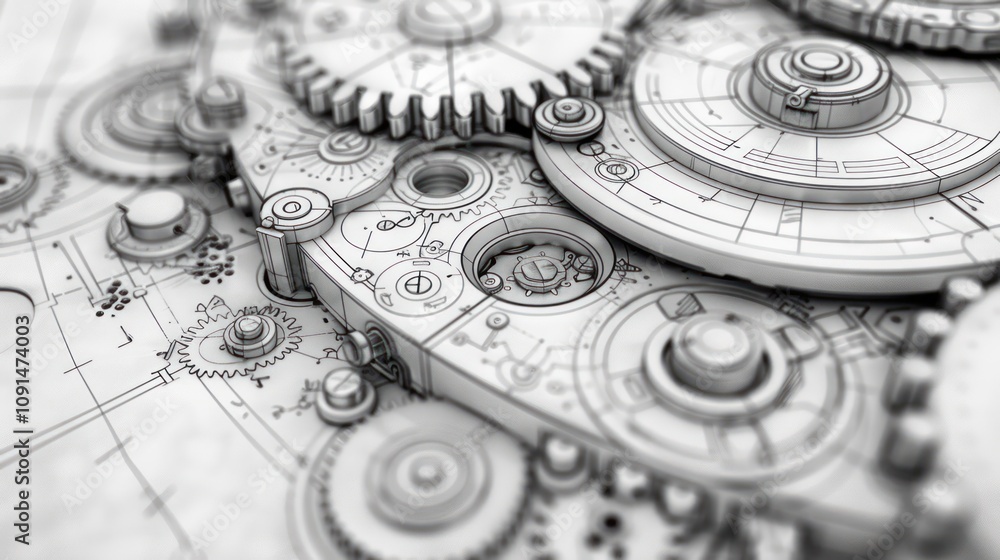 Poster detailed close-up view of complex, intricate clockwork gears and mechanisms, meticulously drawn blue