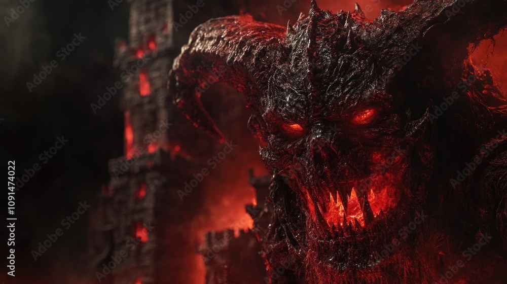 Poster a dark and eerie image of a demon with glowing red eyes, suitable for use in horror or fantasy scene