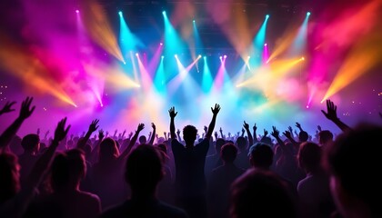 Vibrant crowd enjoying a live music concert under colorful stage lights and energetic atmosphere

