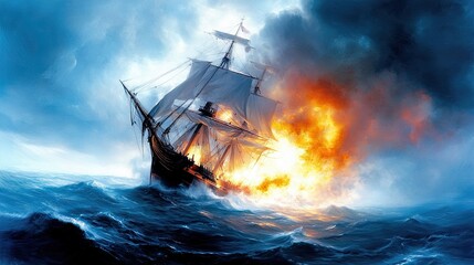 Obraz premium Naval Clash of Frigates Amid Fiery Chaos on Turbulent Seas in the 19th Century