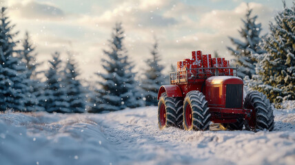 A red tractor pulls a sleigh full of presents through a snowy field, surrounded by coniferous...