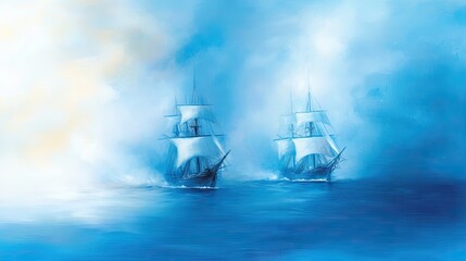 Fototapeta premium Naval Clash of Frigates Amidst the Misty Waves in the Early 19th Century