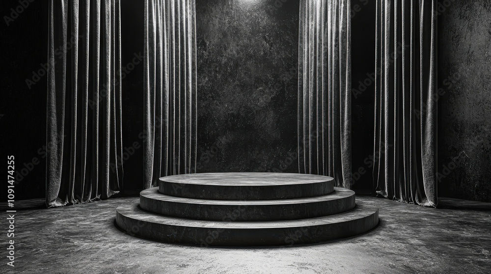 Aufkleber the setting features a circular stage illuminated by a single overhead light, flanked by thick, dark