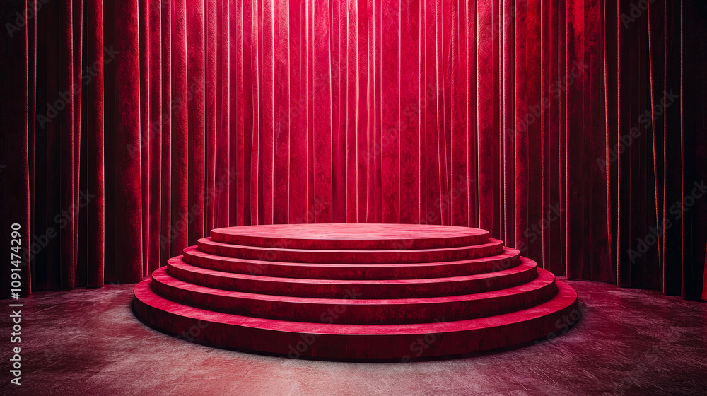 Aufkleber A striking red velvet stage features circular tiers, creating a captivating backdrop for a lively performance or event