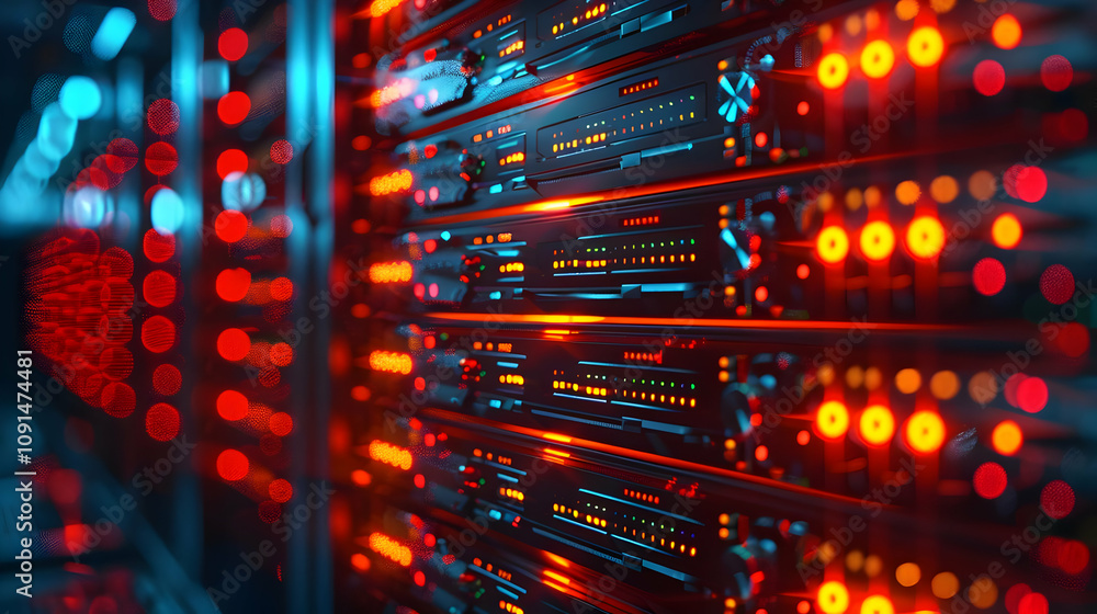 Poster glowing servers in data center: abstract 3d illustration of network technology and digital infrastru