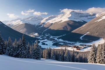 Fototapeta premium Breathtaking Winter Mountain Landscapes and Snowy Valleys Adjacent to Thrilling Ski Resorts for Adventure Seekers