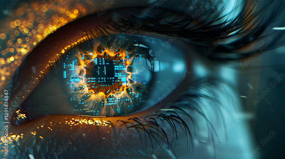 Poster digital eye: a close-up 3d render of a cyborg eye with circuitry reflecting in the iris, illuminated