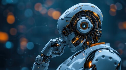 Fototapeta premium Futuristic robot in thoughtful pose, detailed internal mechanics visible.