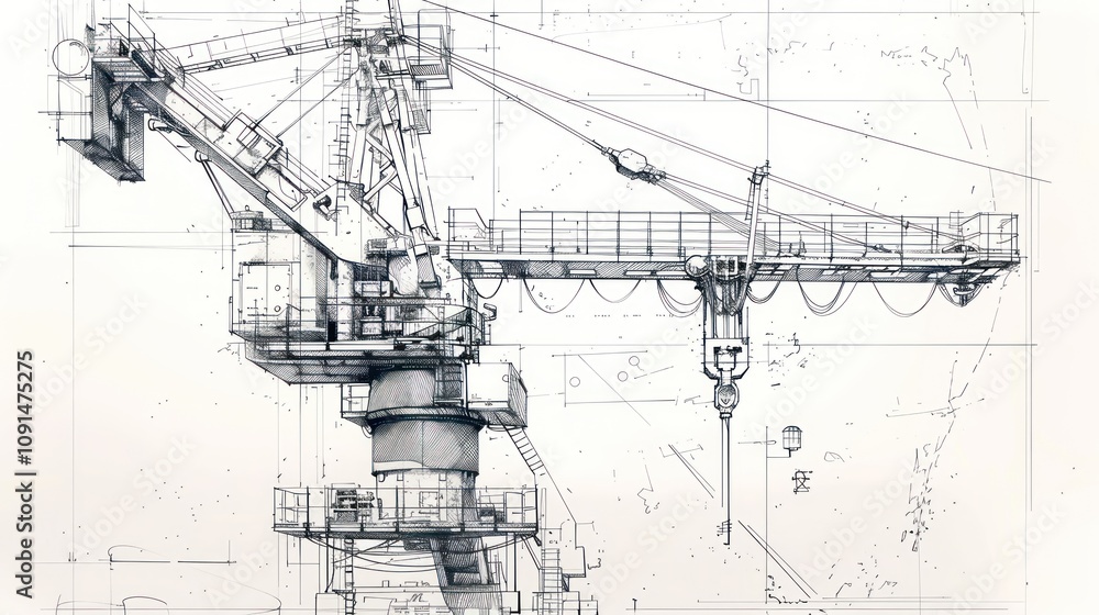 Poster detailed technical drawing of a large industrial harbor crane, with intricate mechanical components 