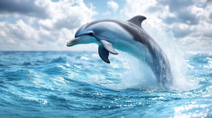 Fototapeta premium A dolphin leaps gracefully above ocean waves under a bright sky.