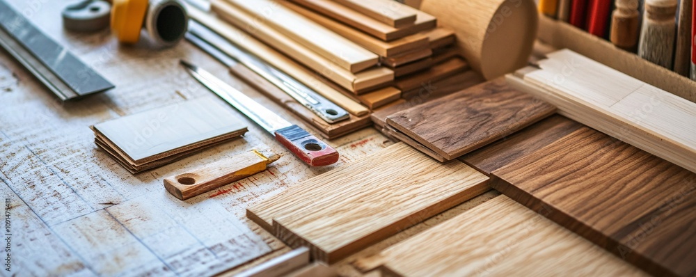 Poster carpenter using various types of wood and tools for furniture making