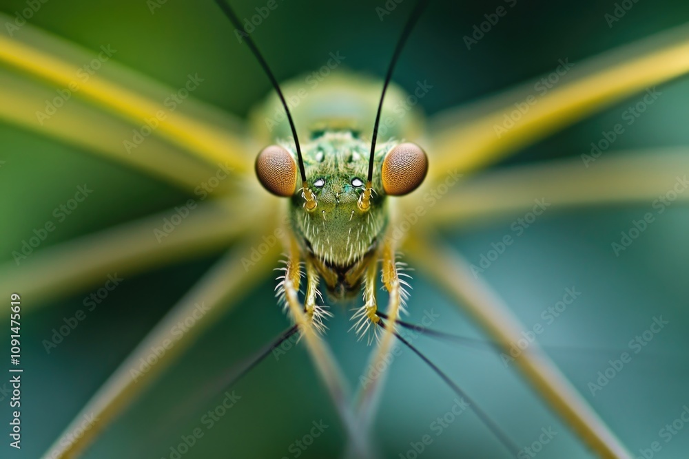 Poster close-up of a bug's face on a leaf, suitable for science or educational illustrations