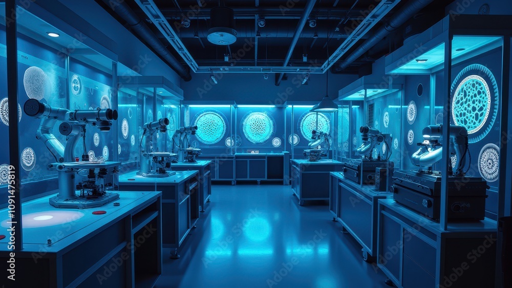 Poster modern laboratory setting with advanced equipment for nanostructure research featuring intricate pat