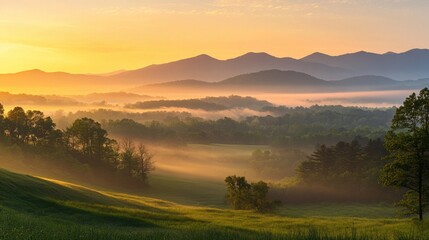 Obraz premium Serene sunrise over misty mountains and valleys, showcasing nature's beauty and tranquility.