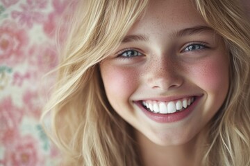 Portrait of a happy woman with long blonde hair and a bright smile