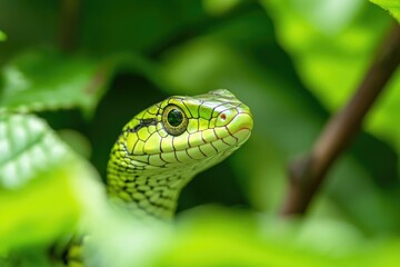Fototapeta premium A close-up shot of a snake peeking out from a bush, suitable for nature or wildlife-themed projects