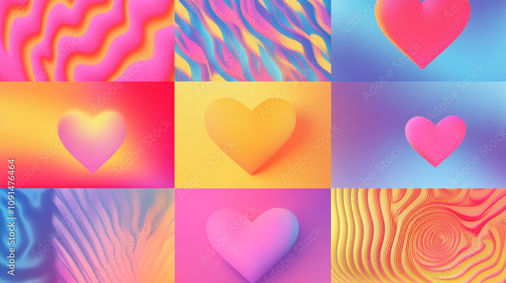 Poster colorful heart patterns showcasing vibrant designs and dynamic shapes in a grid layout