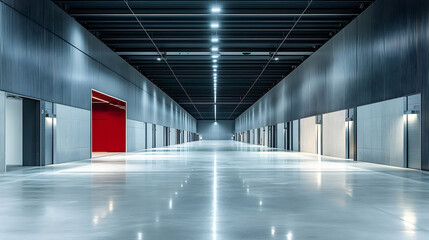 Fototapeta premium A Long Empty Hallway with Bright Lights and a Red Door at the End, Illuminating the Smooth Concrete