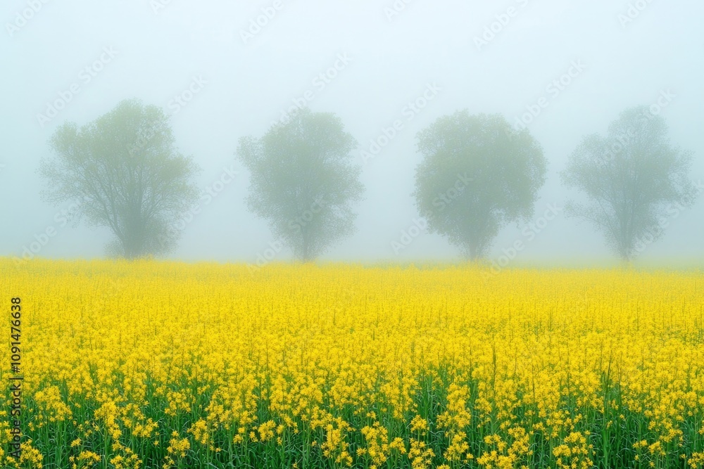 Aufkleber a sunny day scene with a field of yellow flowers and trees in the background, perfect for spring or 