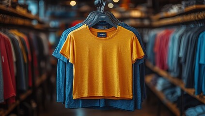 Fototapeta premium A rack of clothes with a yellow shirt hanging from it
