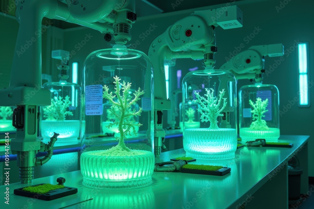 Poster advanced engineering laboratory setting featuring robotic arms and bioluminescent coral models in a 