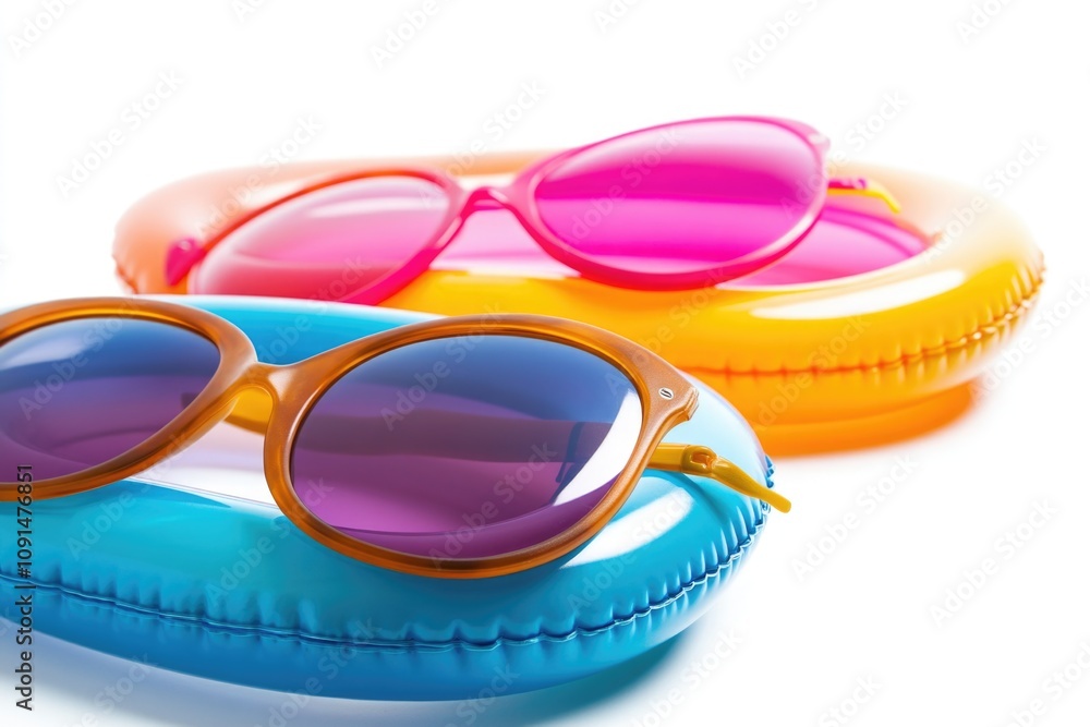 Poster sunglasses resting on a colorful inflatable float, great for summer vibes or beach party themes