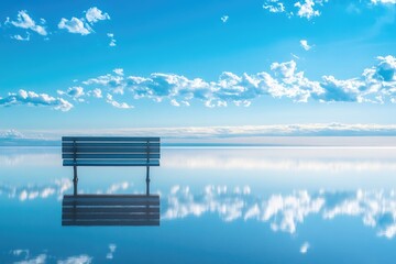 A wooden bench sits atop a serene lake, perfect for a peaceful moment or scenic view