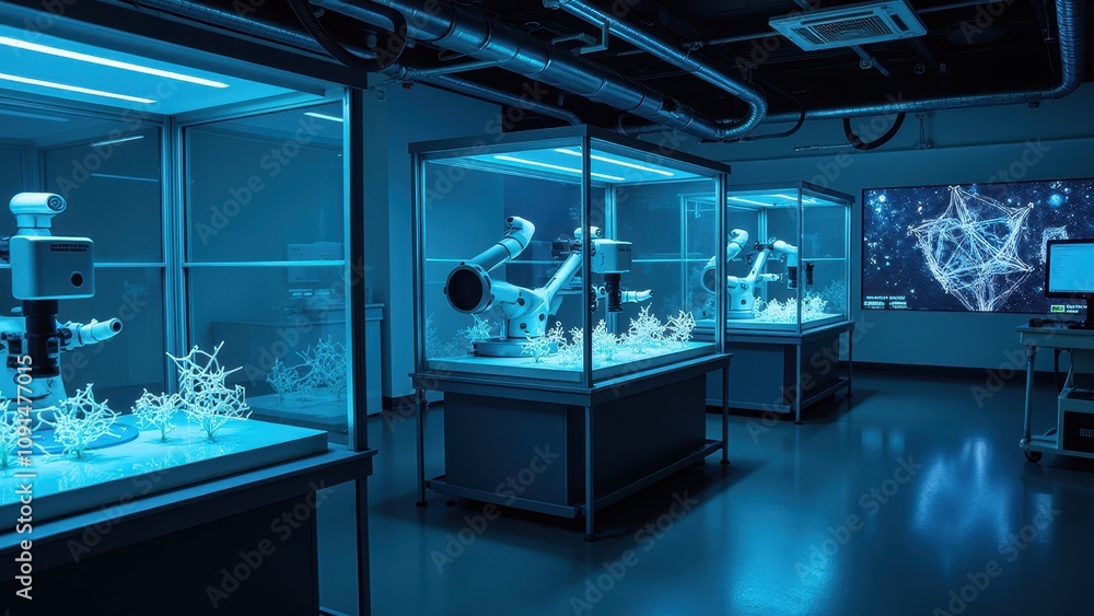 Poster advanced nanostructure research lab featuring robotic arms and 3d models in a modern scientific envi