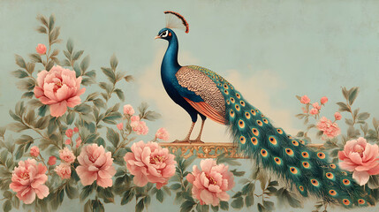 Obraz premium A Majestic Peacock with Blue and Green Feathers Stands Proudly on a Branch Surrounded by Delicate Pink Peonies in a Vintage Style Illustration