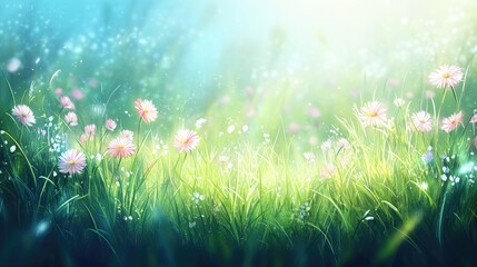 Lush meadow landscape showcasing blooming fluffy flowers amidst vibrant green grass in a serene outdoor setting with soft sunlight.