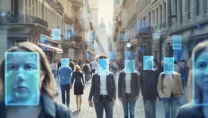 Crowded urban street scene with digital facial recognition boxes highlighting faces of pedestrians, illustrating surveillance technology concept