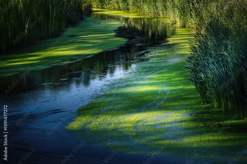 Poster a serene river scene with vibrant green algae floating on the surface