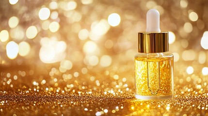 Serum in glass bottle with pipette and gold paper firecracker on golden background for facial care, New Year party. Essential oil for skin care, mockup.