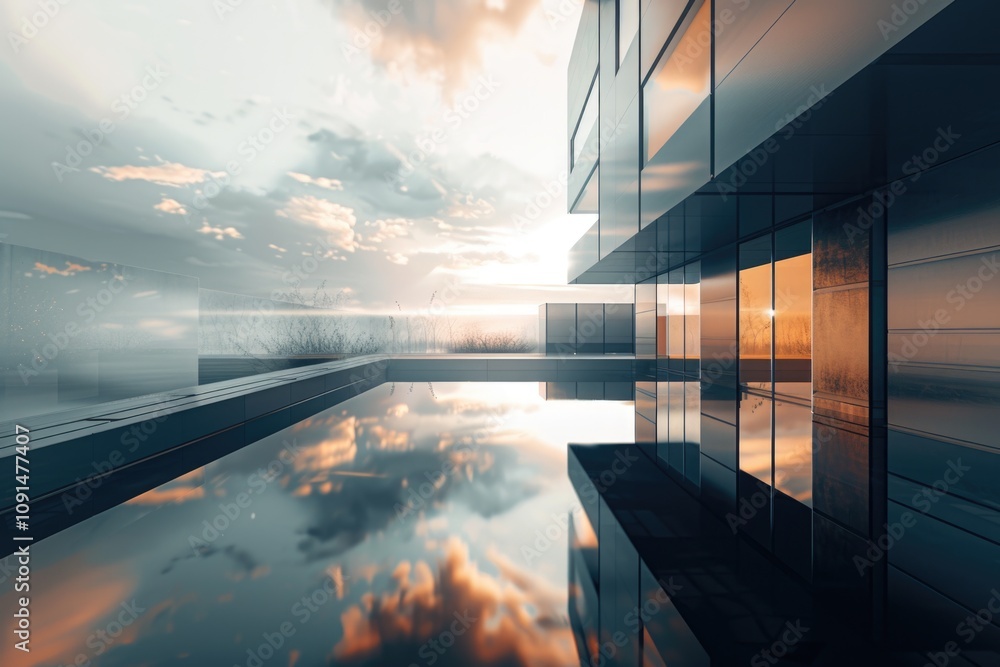 Poster a calm and serene scene with a building's reflection in a pool of water, perfect for use in editoria