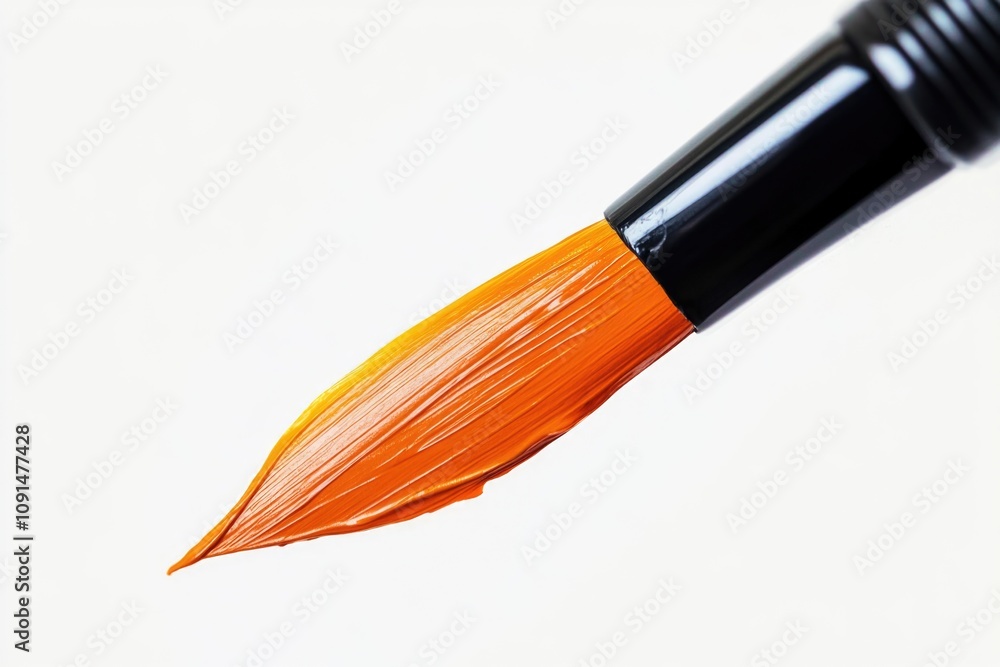 Poster a detailed view of an orange paintbrush with bristles and handle