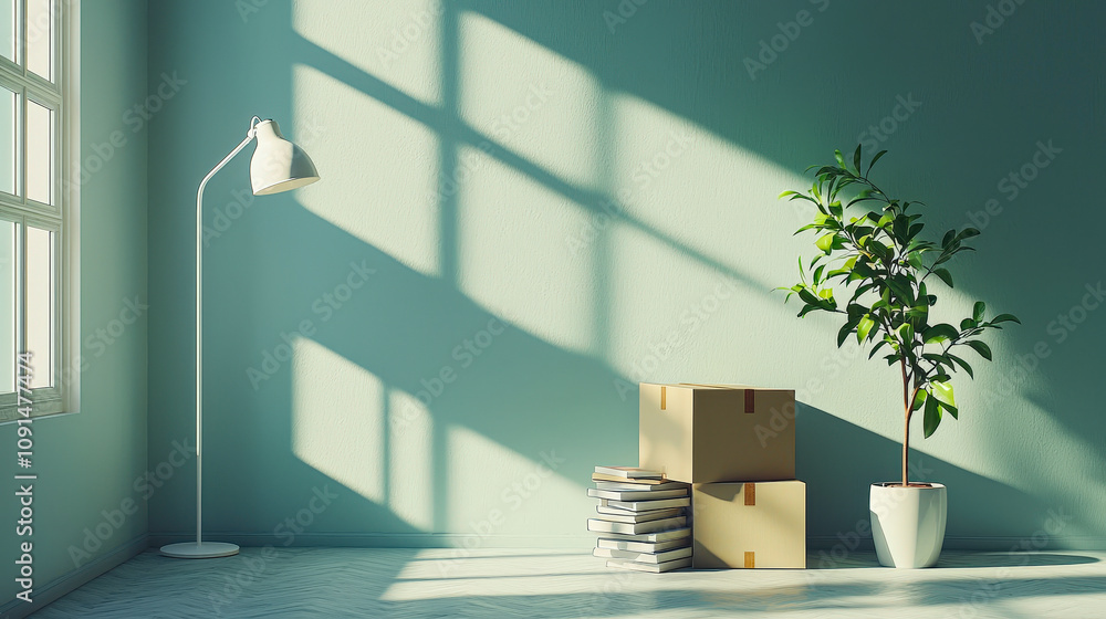 Aufkleber sunlight streams through a window, illuminating a room with a potted plant, stacked post boxes, and 