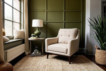 Fototapeta premium Beige Armchair with Olive Green Accent Wall in Cozy Stylish Den Decor