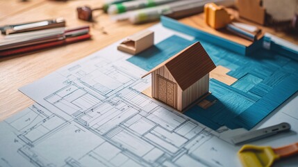 Architectural project showing plans and small wooden house model with tools on table