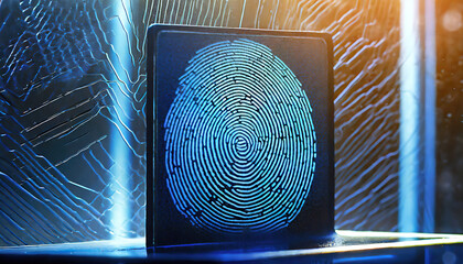 A close-up of a digital fingerprint on a futuristic blue background, representing security technology and biometric identification.