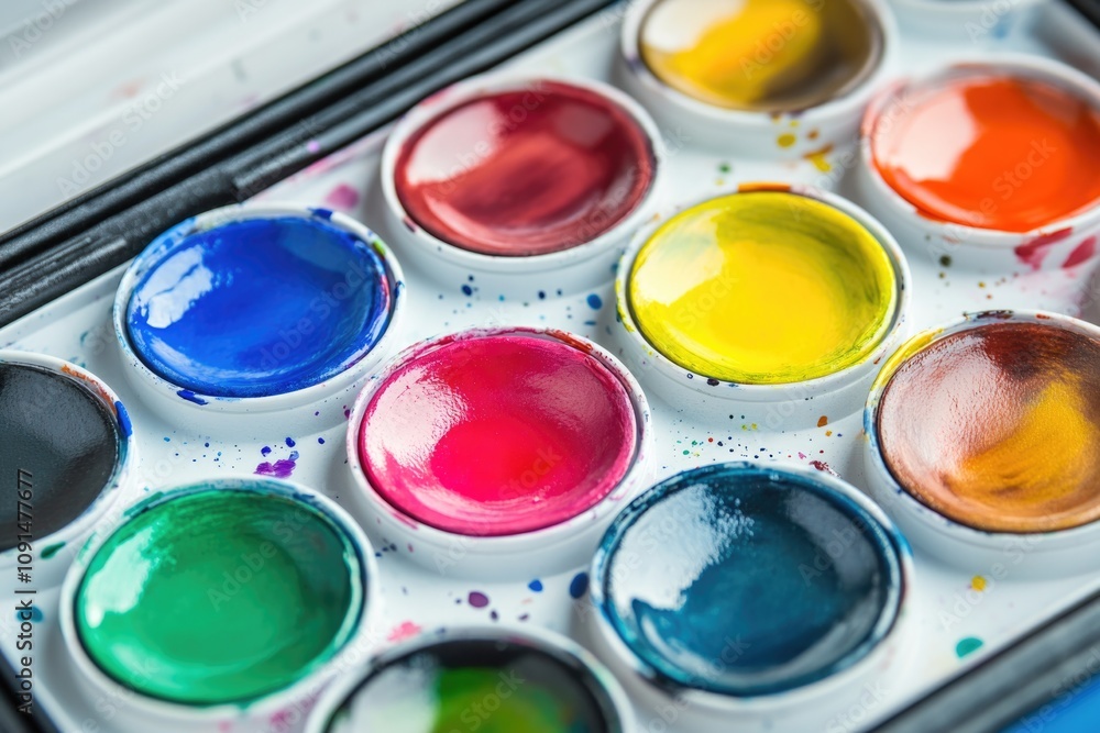 Poster close-up view of a tray filled with watercolor paints, perfect for artistic and design projects