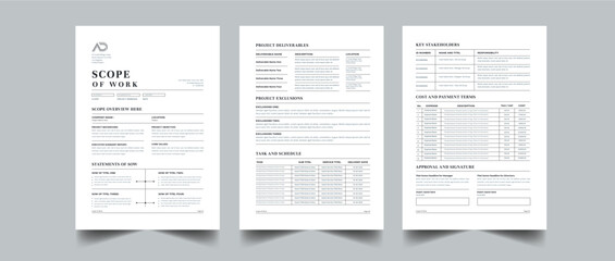 Scope Of Work layout design with 3 page concept design for business informational subject project