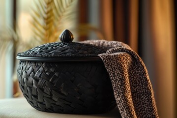 A black basket sits on a table, awaiting its contents
