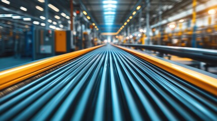 Fototapeta premium Factory conveyor, blurred motion, industrial setting, parallel lines, vibrant colors, dynamic perspective, modern manufacturing.