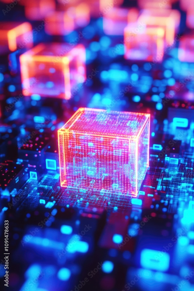 Aufkleber a glowing cube sits atop a circuit board, with intricate wires and components surrounding it