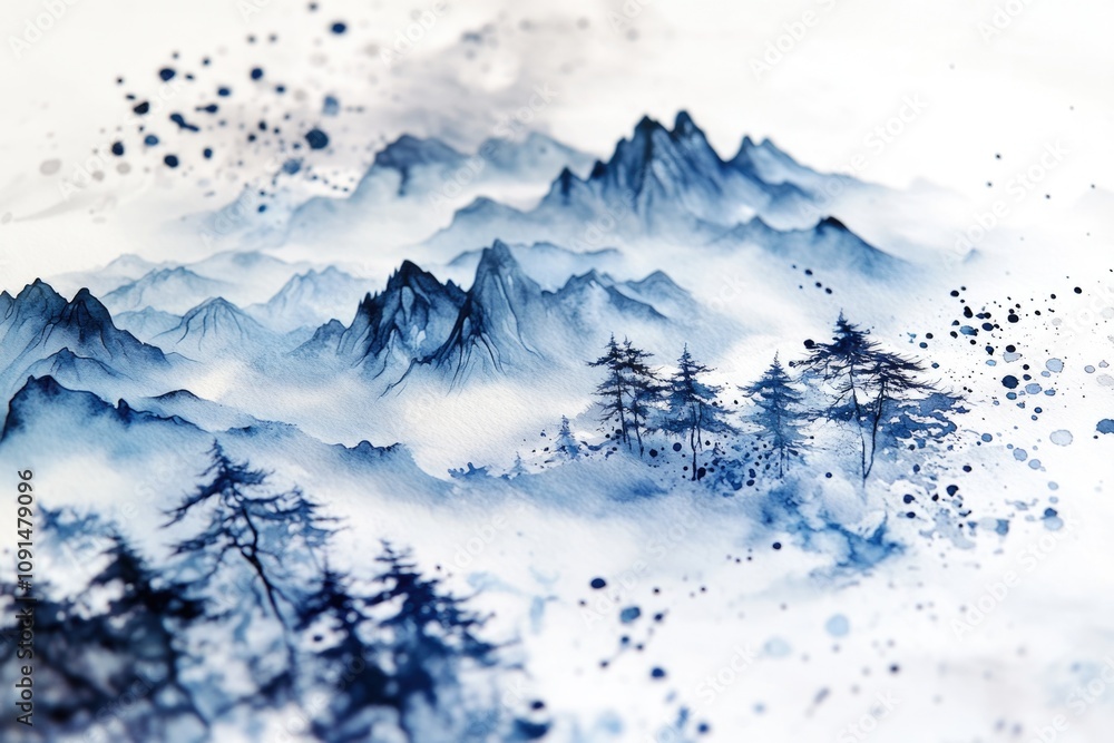 Poster A scenic landscape featuring a mountain range with trees in the foreground, ideal for use as a background or for representing nature and the outdoors