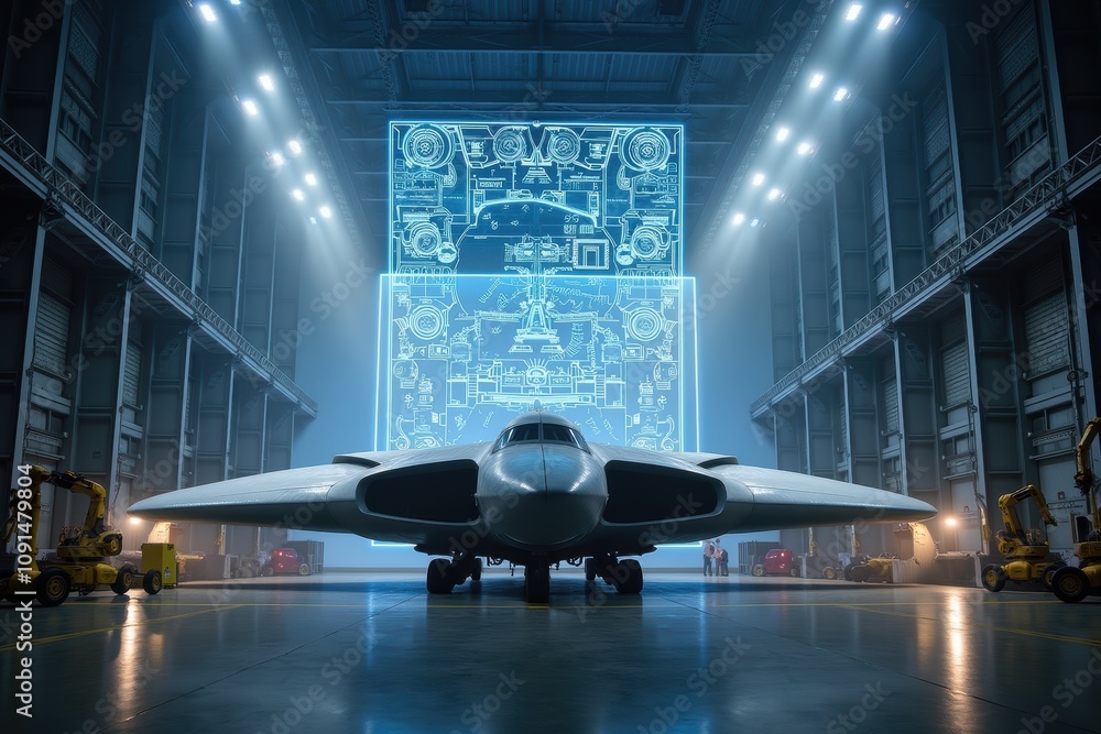 Poster futuristic aircraft in a spacious hangar with digital screens displaying technical schematics and en