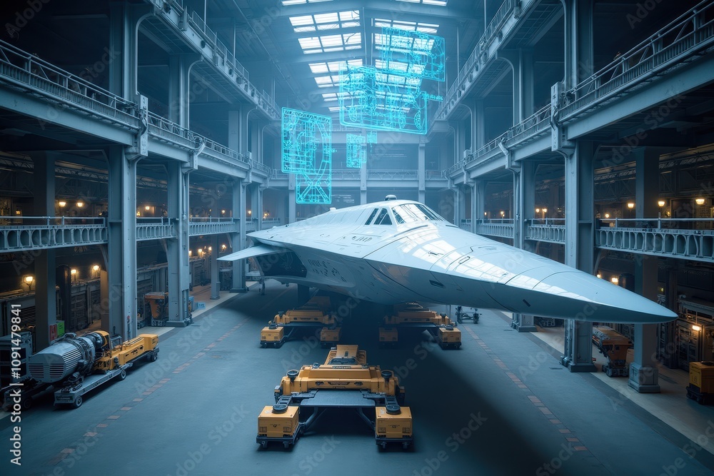 Aufkleber futuristic airplane in high-tech hangar with blueprint projections and advanced machinery for assemb